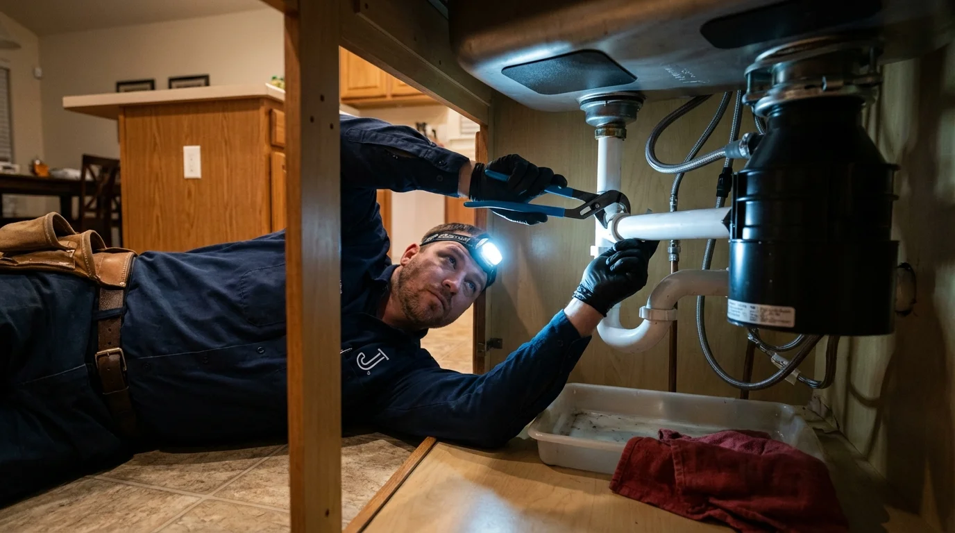 P-trap and supply line connections under a kitchen sink showing a common leak point in Roscoe, TX
